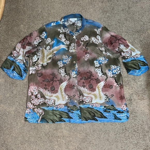 Citron Santa Monica Asian Floral Mandarin Notch Collar Silk Kimono Blouse 3X - Picture 2 of 8